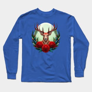 Ohio White Tailed Deer Surrounded By Red Carnations Tattoo Art Long Sleeve T-Shirt